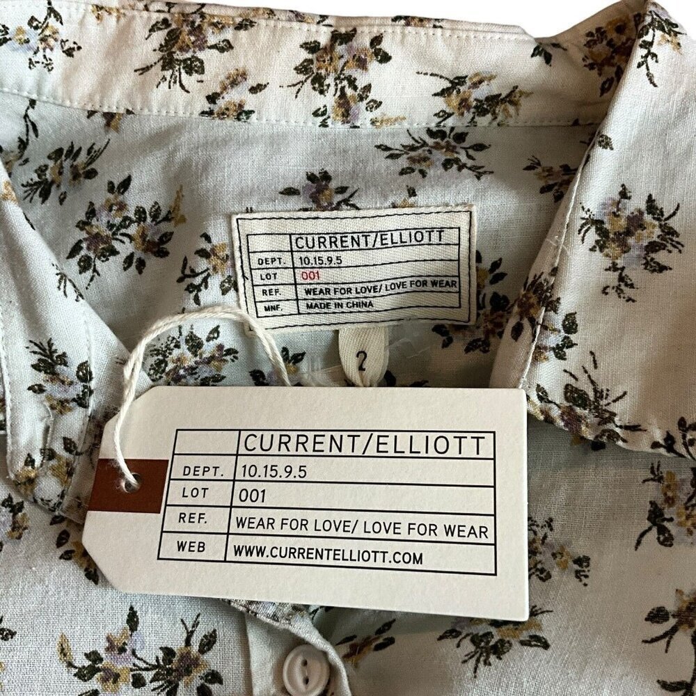 NWT Current Elliott Size 2 Floral Shirt Ivory Green Long Sleeve Linen Blend - Picture 9 of 13